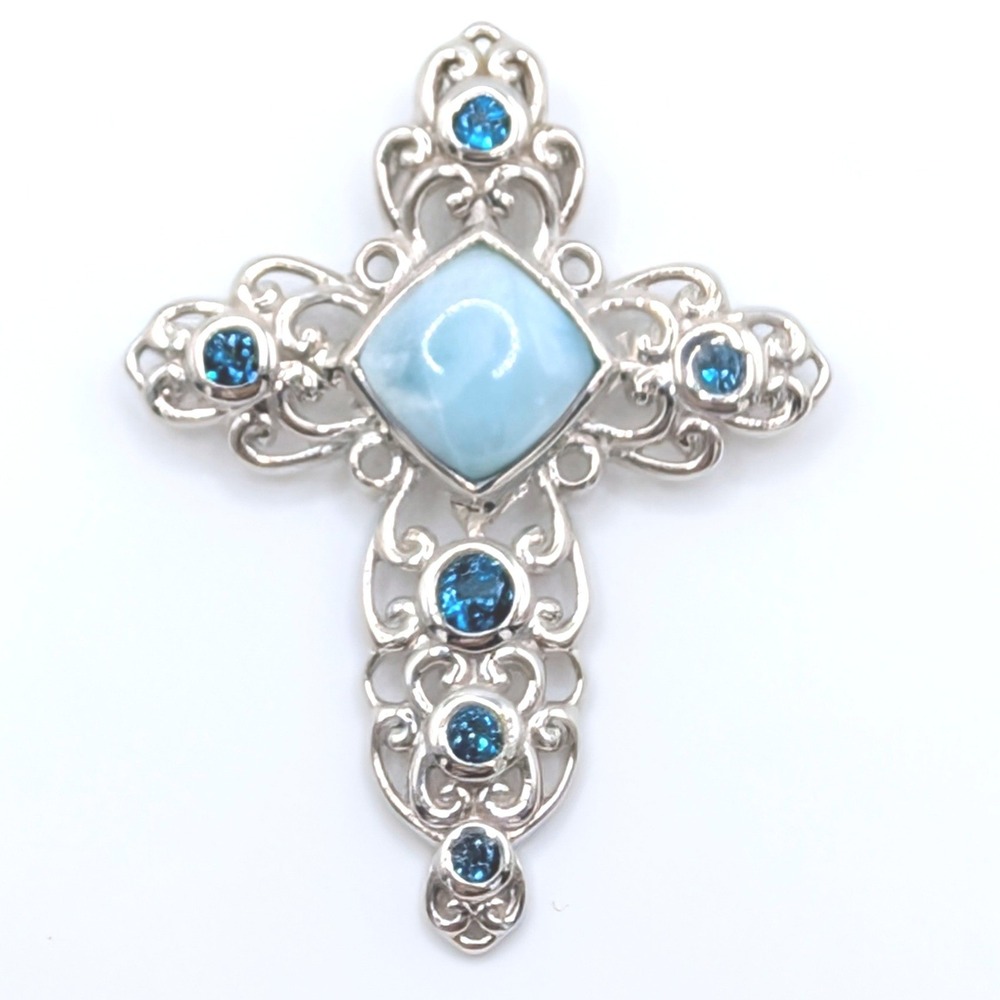 Sterling Silver Larimar and Blue Topaz Filigree Cross Pendant 925 NK Thailand